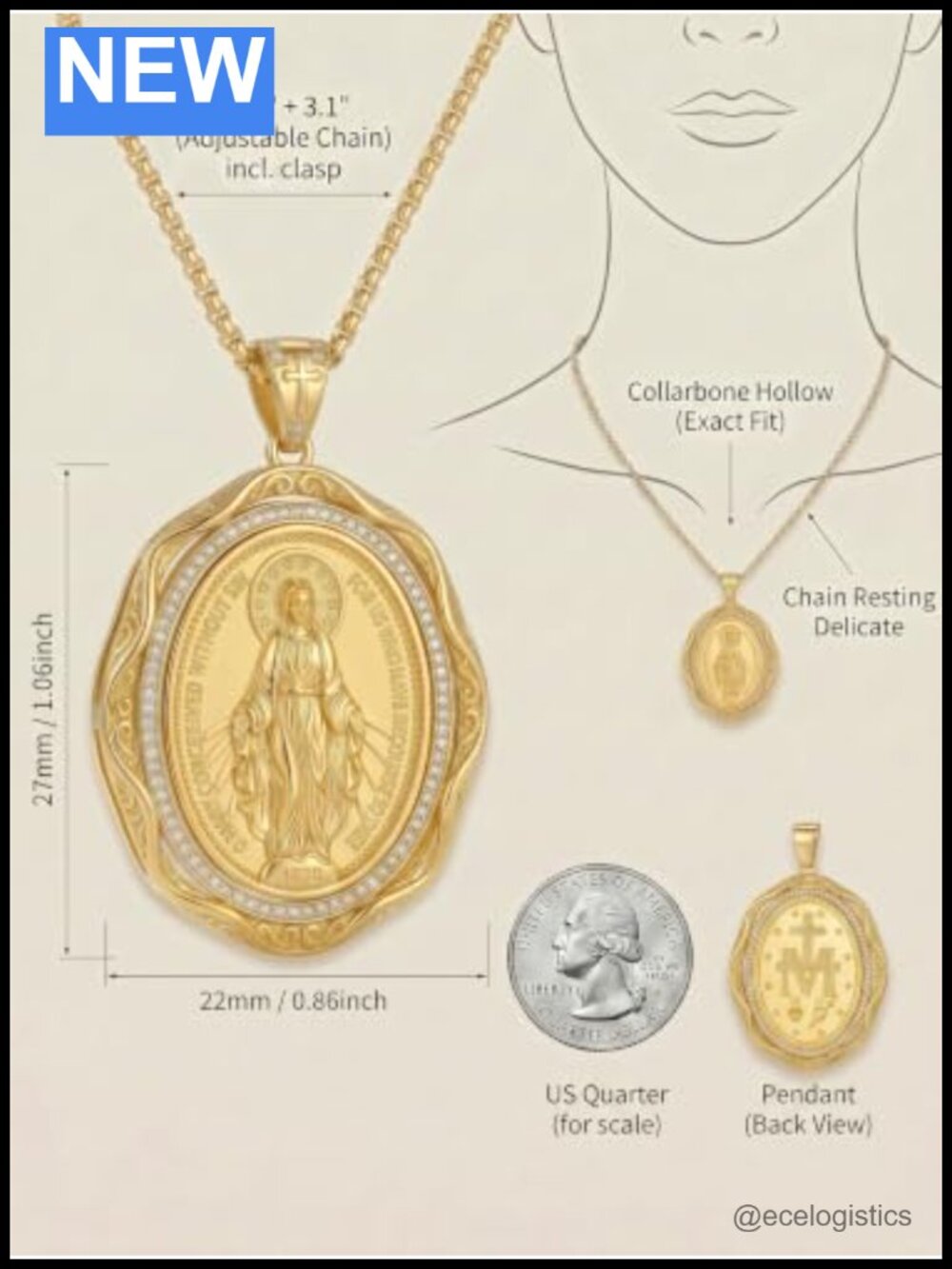 925 Sterling Silver Virgin Mary Necklace Gold Plated Miraculous Medal Pendant - Picture 5 of 6